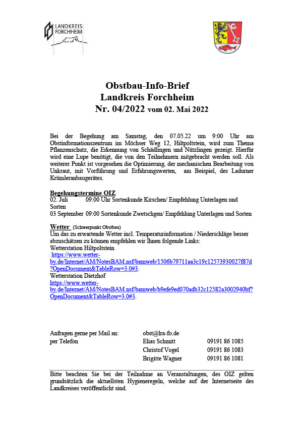 Obstbau-Info-Brief Landkreis Forchheim 2022 04 Obstbau-Info-Brief Landkreis Forchheim 2022 04