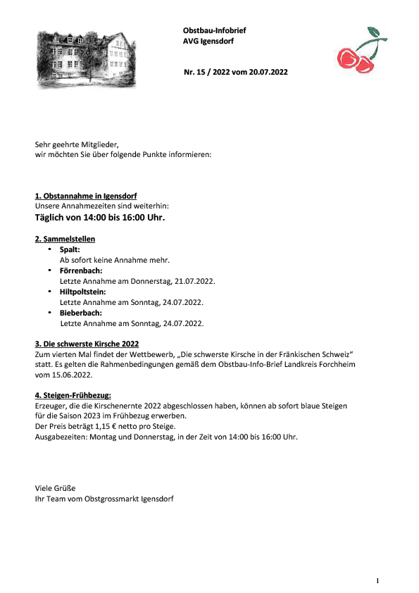 Obstbau-Infobrief AVG Igensdorf Nr. 15 Obstbau-Infobrief AVG Igensdorf Nr. 15