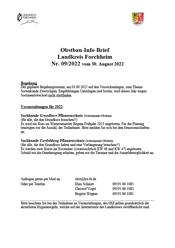 Obstbau-Info-Brief Landkreis Forchheim Nr. 9 Obstbau-Info-Brief Landkreis Forchheim Nr. 9