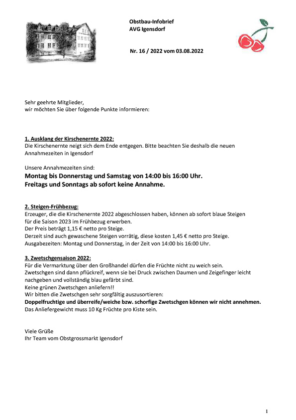 Obstbau-Infobrief AVG Igensdorf Nr. 16 Obstbau-Infobrief AVG Igensdorf Nr. 16