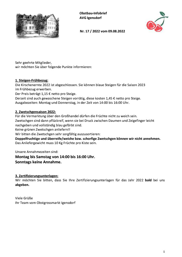Obstbau-Infobrief AVG Igensdorf Nr. 17 Obstbau-Infobrief AVG Igensdorf Nr. 17