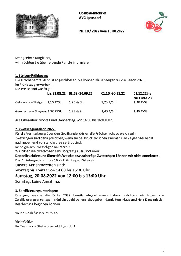 Obstbau-Infobrief AVG Igensdorf Nr. 18 Obstbau-Infobrief AVG Igensdorf Nr. 18