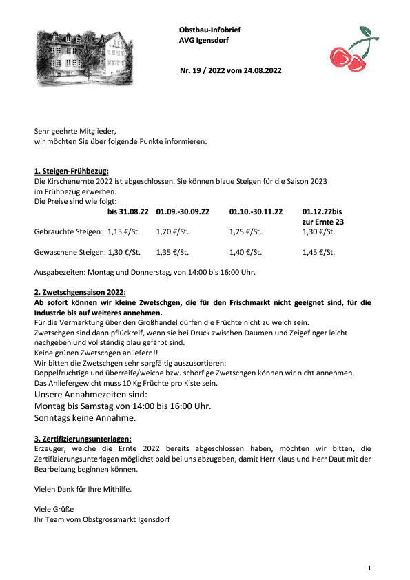 Obstbau-Infobrief AVG Igensdorf Nr. 19 Obstbau-Infobrief AVG Igensdorf Nr. 19