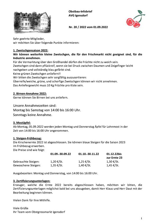 Obstbau-Infobrief AVG Igensdorf Nr. 20 Obstbau-Infobrief AVG Igensdorf Nr. 20