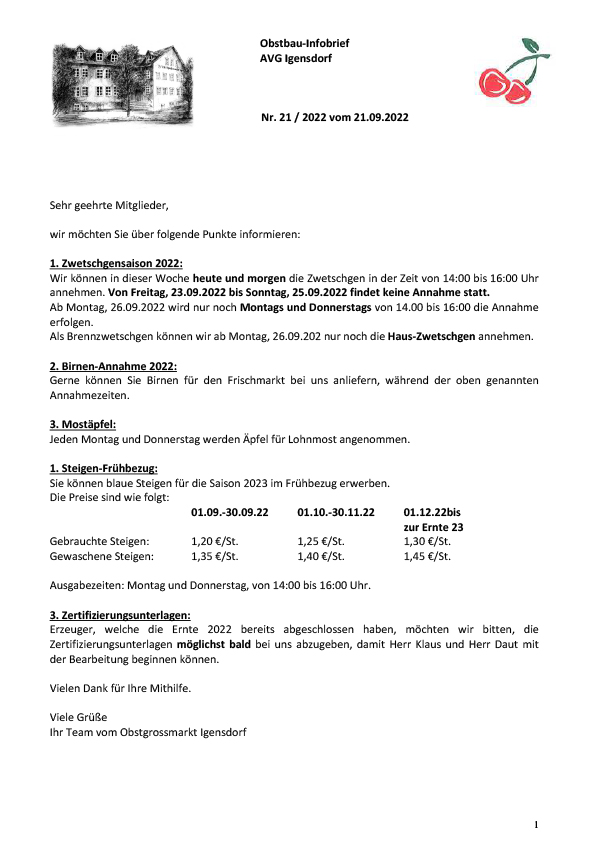 Obstbau-Infobrief AVG Igensdorf Nr. 21 Obstbau-Infobrief AVG Igensdorf Nr. 21