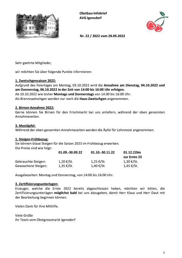 Obstbau-Infobrief AVG Igensdorf Nr. 22 Obstbau-Infobrief AVG Igensdorf Nr. 22