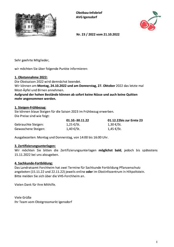 Obstbau-Infobrief AVG Igensdorf Nr. 23 Obstbau-Infobrief AVG Igensdorf Nr. 23