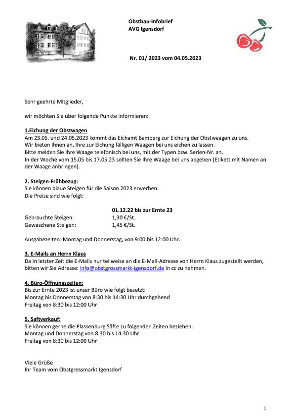 Obstbau-Infobrief AVG Igensdorf Nr. 1 Obstbau-Infobrief AVG Igensdorf Nr. 1
