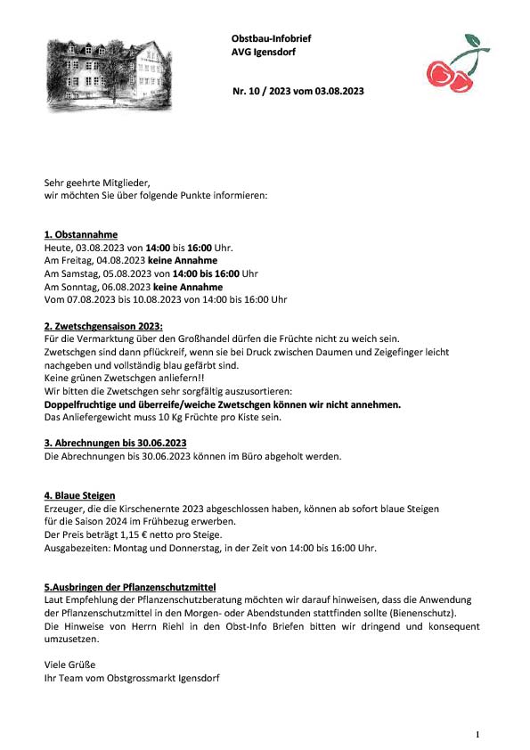 Obstbau-Infobrief AVG Igensdorf Nr. 10 Obstbau-Infobrief AVG Igensdorf Nr. 10