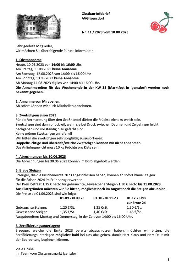 Obstbau-Infobrief AVG Igensdorf Nr. 11 Obstbau-Infobrief AVG Igensdorf Nr. 11