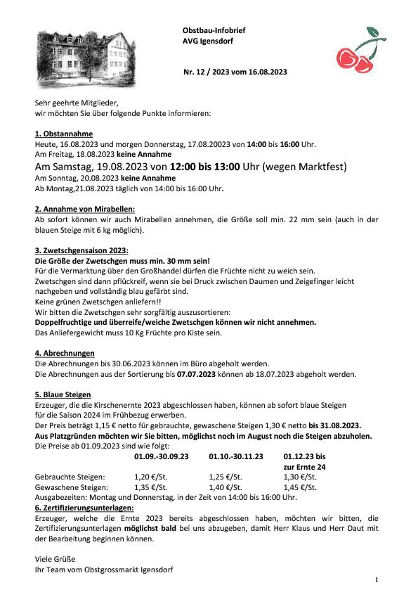 Obstbau-Infobrief AVG Igensdorf Nr. 12 Obstbau-Infobrief AVG Igensdorf Nr. 12
