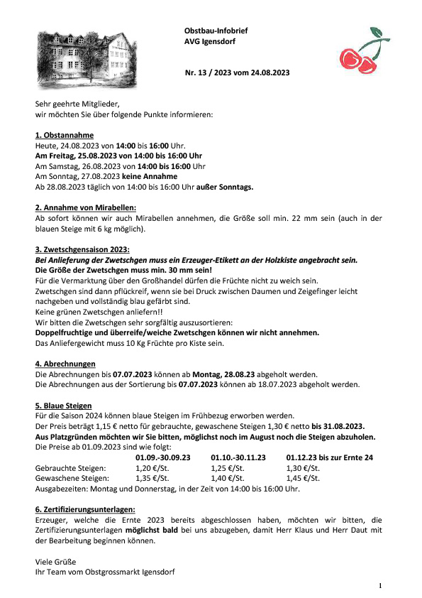 Obstbau-Infobrief AVG Igensdorf Nr. 13 Obstbau-Infobrief AVG Igensdorf Nr. 13