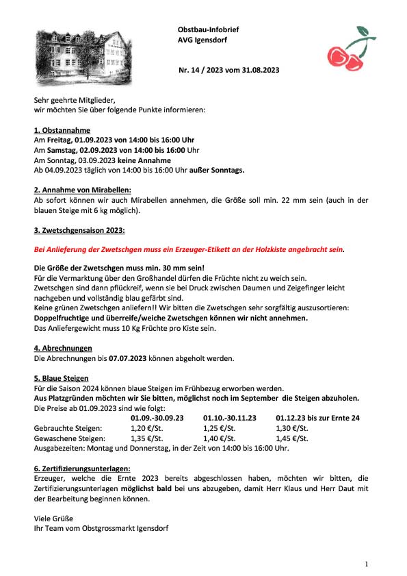 Obstbau-Infobrief AVG Igensdorf Nr. 14 Obstbau-Infobrief AVG Igensdorf Nr. 14