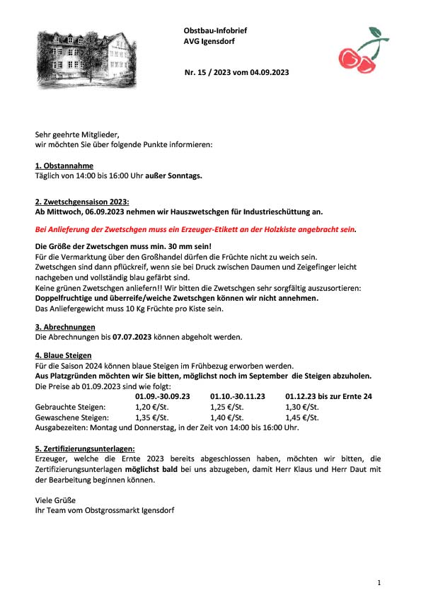 Obstbau-Infobrief AVG Igensdorf Nr. 15 Obstbau-Infobrief AVG Igensdorf Nr. 15