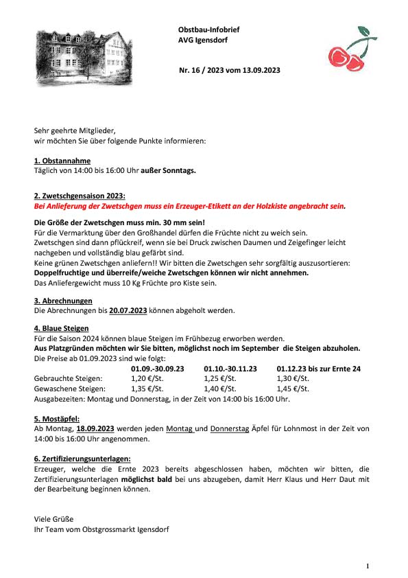 Obstbau-Infobrief AVG Igensdorf Nr. 16 Obstbau-Infobrief AVG Igensdorf Nr. 16