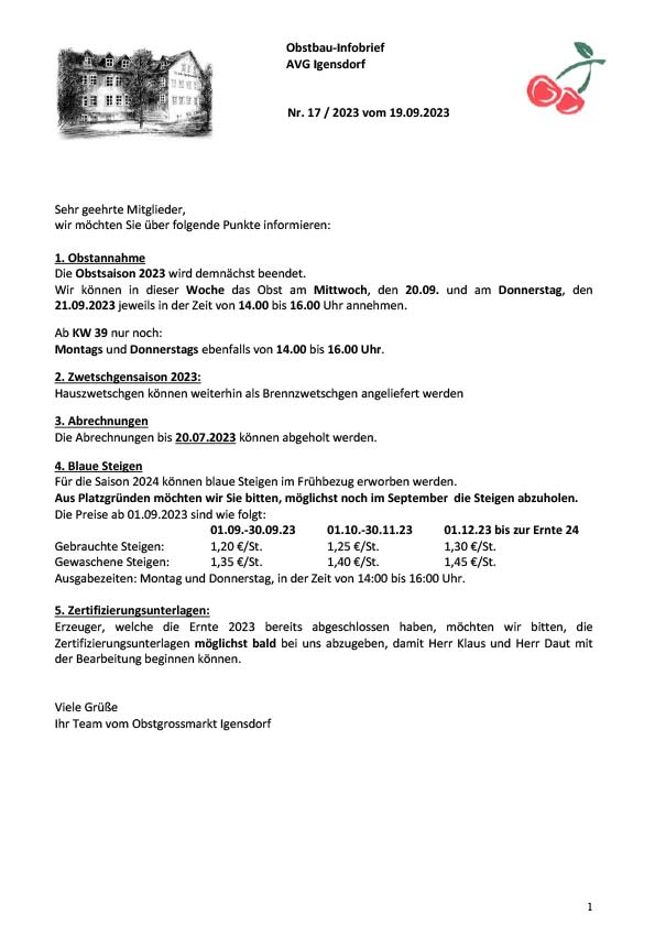 Obstbau-Infobrief AVG Igensdorf Nr. 17 Obstbau-Infobrief AVG Igensdorf Nr. 17