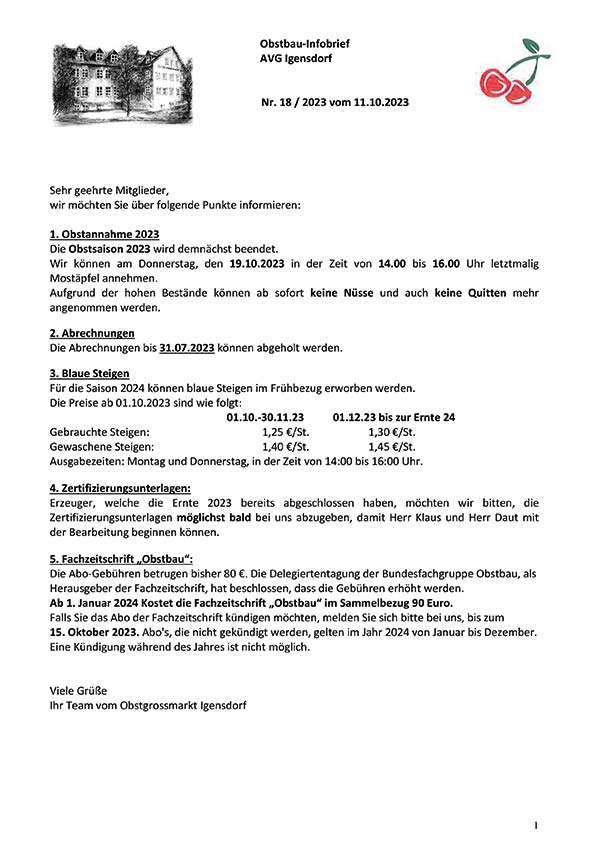 Obstbau-Infobrief AVG Igensdorf Nr. 18 Obstbau-Infobrief AVG Igensdorf Nr. 18