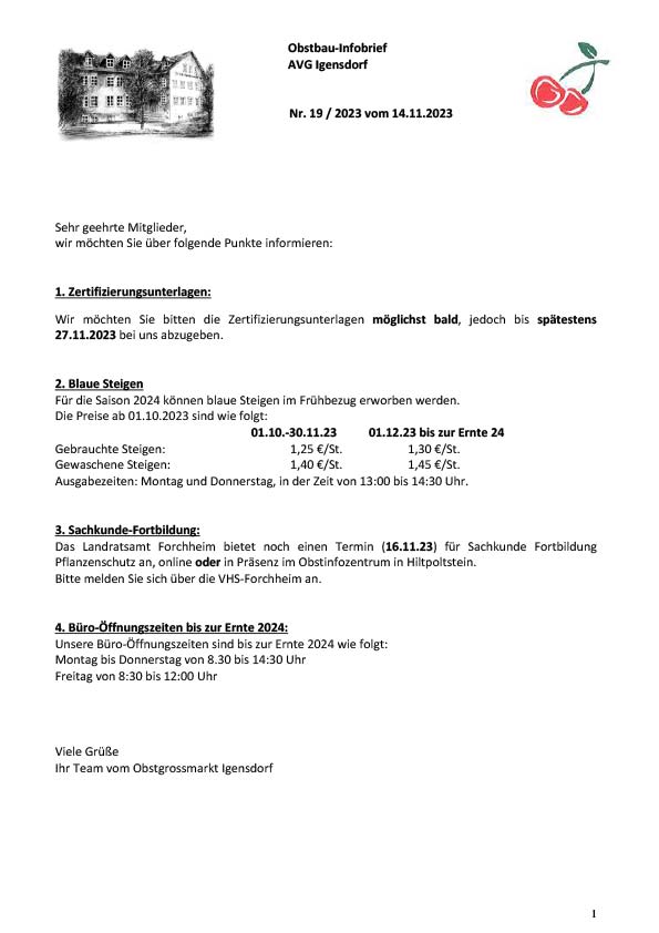 Obstbau-Infobrief AVG Igensdorf Nr. 19/2023 Obstbau-Infobrief AVG Igensdorf Nr. 19/2023