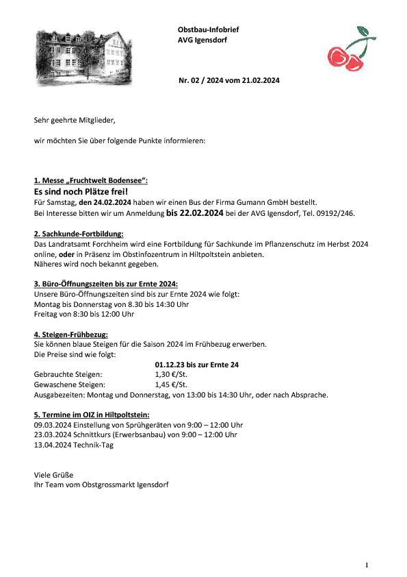 Obstbau-Infobrief AVG Igensdorf Nr. 02/2024 Obstbau-Infobrief AVG Igensdorf Nr. 02/2024