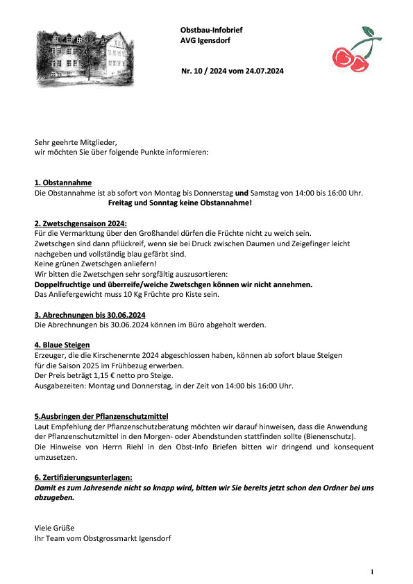 Obstbau-Infobrief AVG Igensdorf Nr. 10/2024 Obstbau-Infobrief AVG Igensdorf Nr. 10/2024
