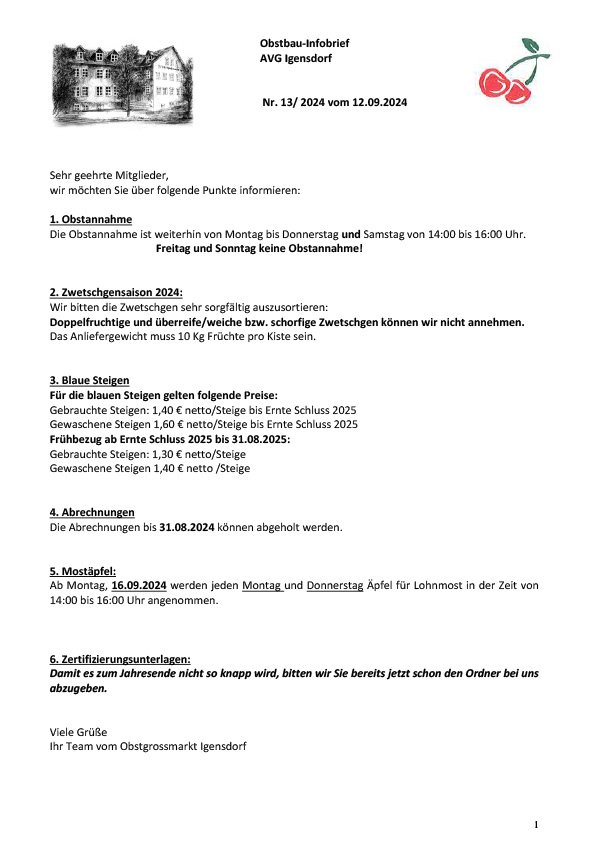 Obstbau-Infobrief AVG Igensdorf Nr. 13/2024 Obstbau-Infobrief AVG Igensdorf Nr. 13/2024