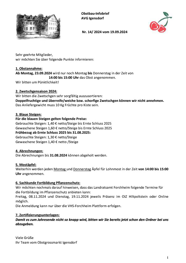 Obstbau-Infobrief AVG Igensdorf Nr. 14/2024 Obstbau-Infobrief AVG Igensdorf Nr. 14/2024