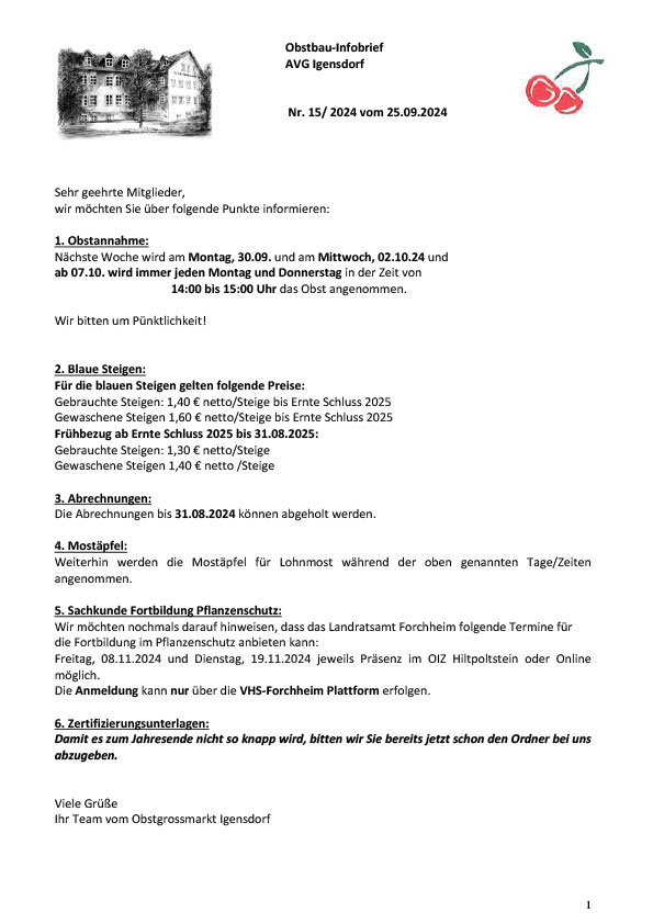 Obstbau-Infobrief AVG Igensdorf Nr. 15/2024 Obstbau-Infobrief AVG Igensdorf Nr. 15/2024