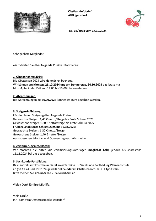 Obstbau-Infobrief AVG Igensdorf Nr. 16/2024 Obstbau-Infobrief AVG Igensdorf Nr. 16/2024
